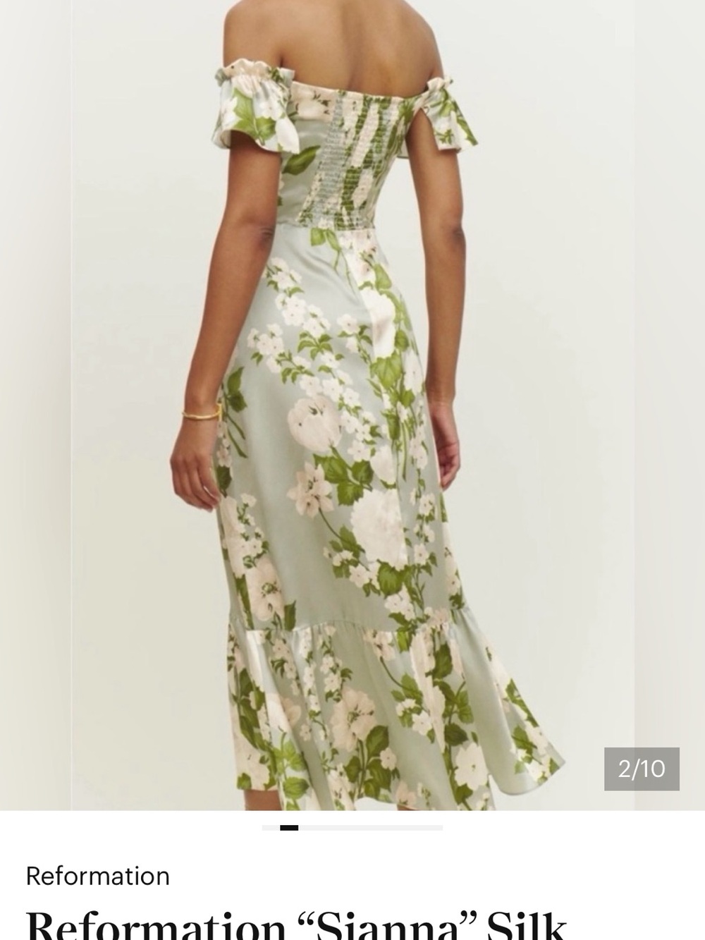 Reformation Sianna Off-Shoulder Silk Midi Dress- Tarragon - Picture 2 of 4
